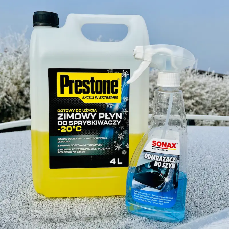 Produkty w DANMAG Głogów z zimowymi płynami do spryskiwaczy i odmrażaczami marki K2 i Sonax.